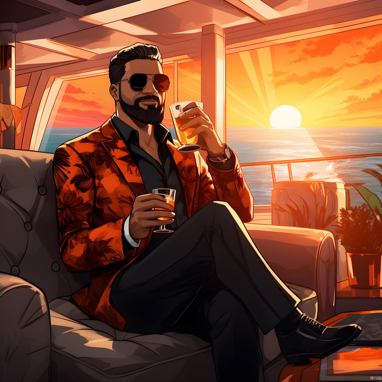 un homme riche, bien habillé, assis sur un yacht privé et buvant un cocktail 3 - Kurt Heppke