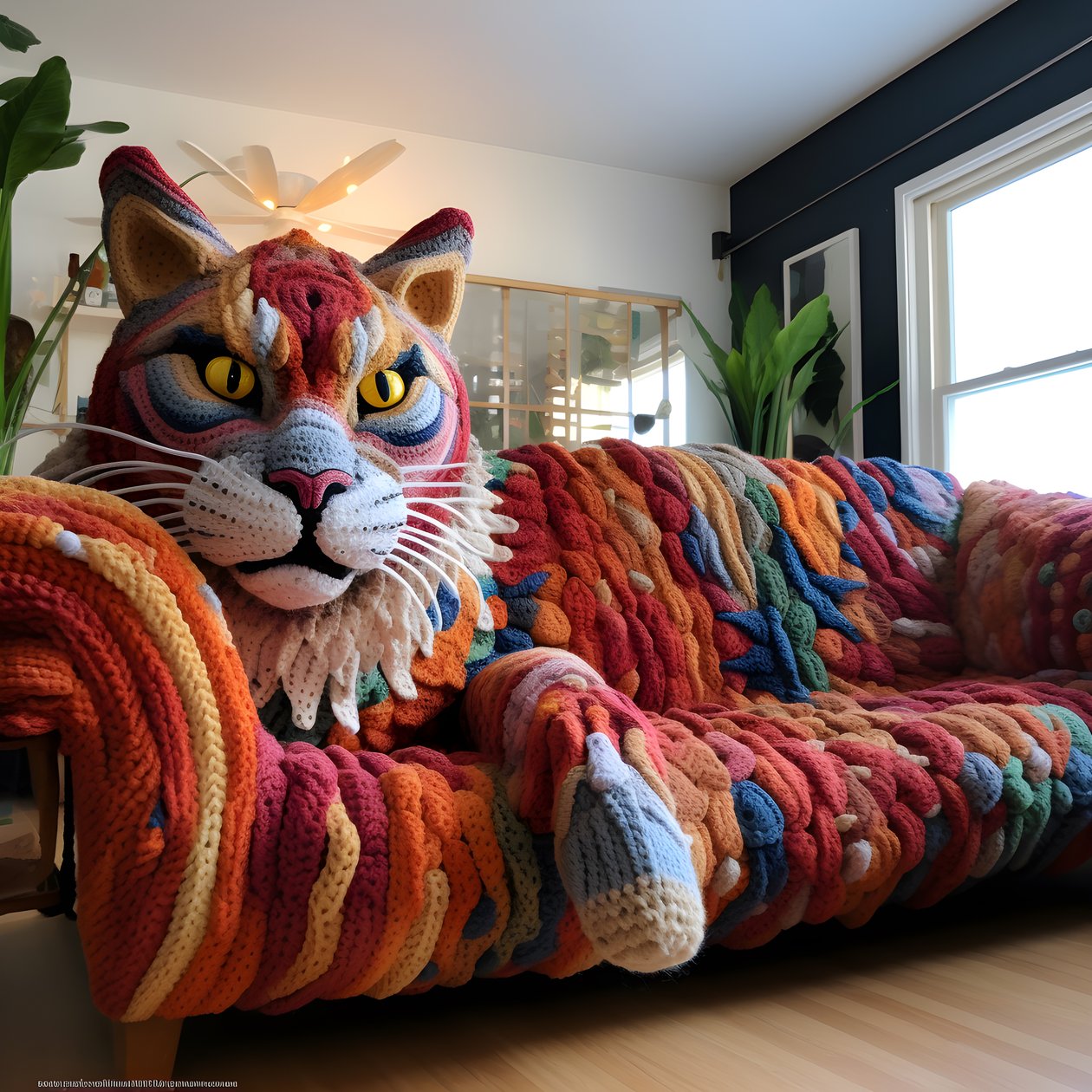 un grand chat crocheté dans un salon réaliste 2 - Kurt Heppke