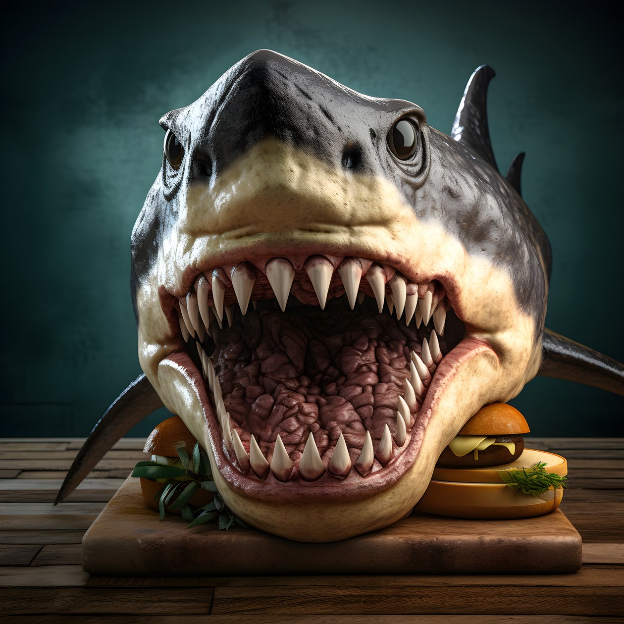 grand cheeseburger à tête de requin avec du bœuf sur une planche en bois 1 - Kurt Heppke