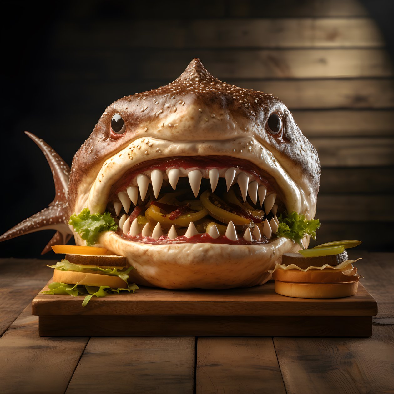 grand cheeseburger à tête de requin avec du bœuf sur une planche en bois 2 - Kurt Heppke