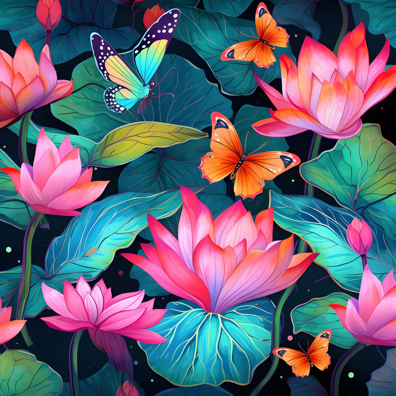 Motif sans couture de fleurs de lotus et de papillons 2 - Kurt Heppke