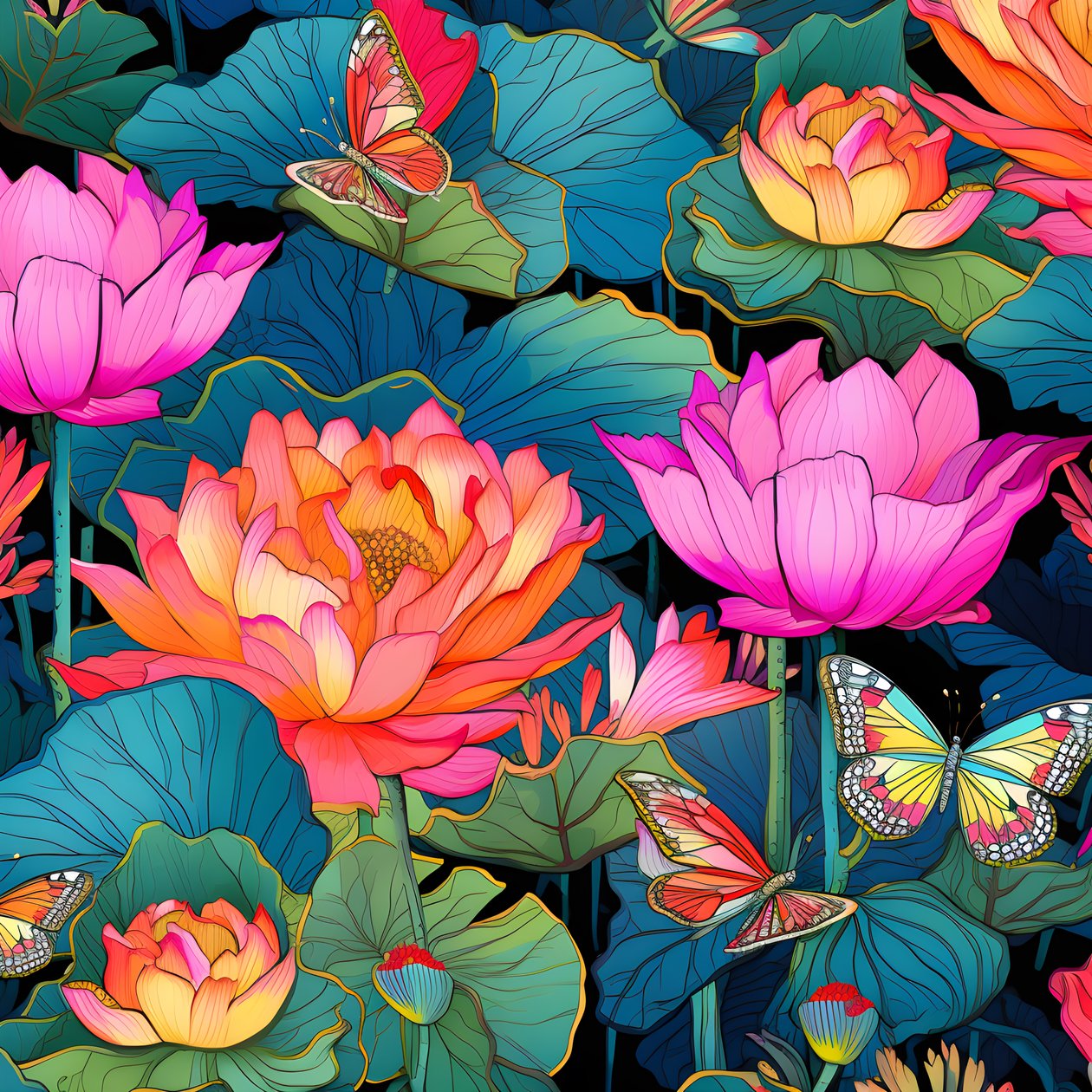 Motif sans couture de fleurs de lotus et de papillons 3 - Kurt Heppke