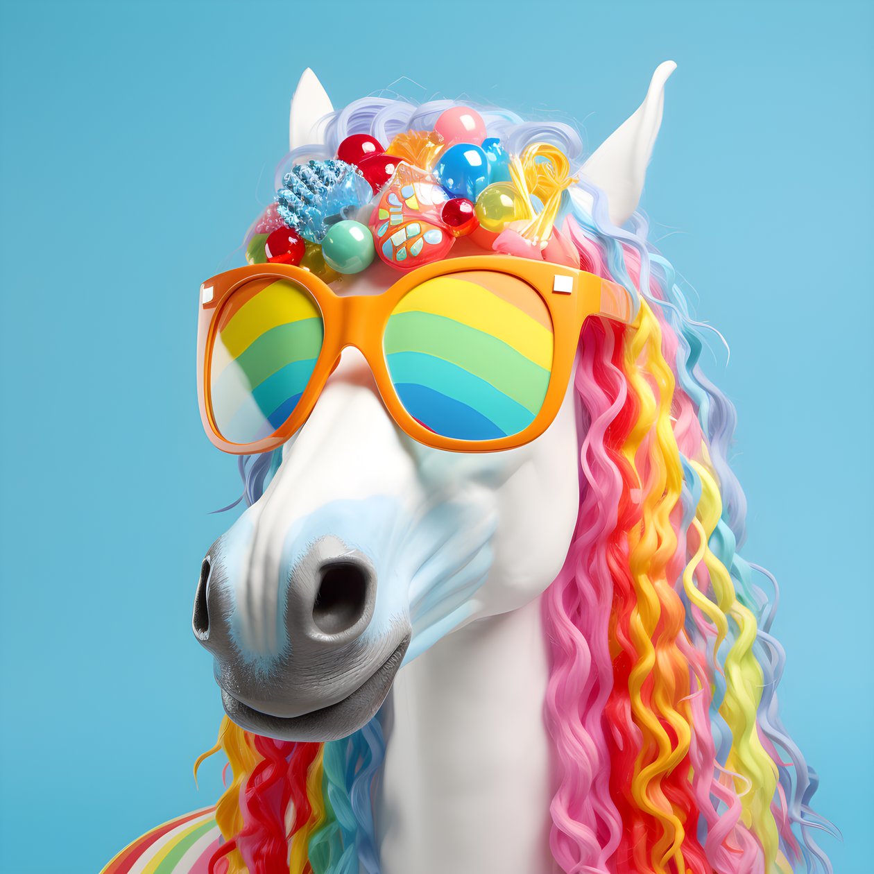 cheval blanc avec lunettes arc-en-ciel sur fond bleu 4 - Kurt Heppke
