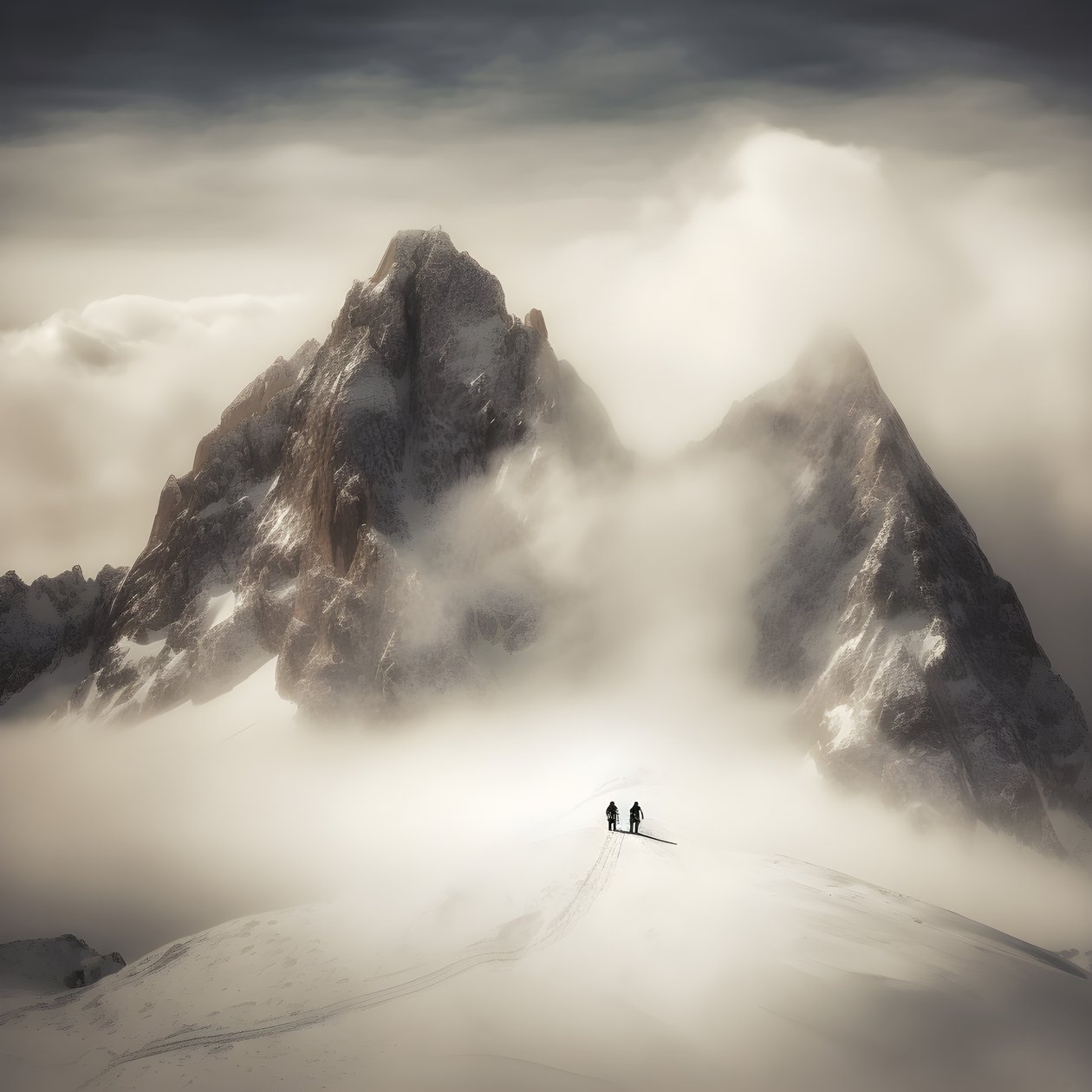Deux personnes skiant sur une montagne couverte de nuages 2 - Kurt Heppke