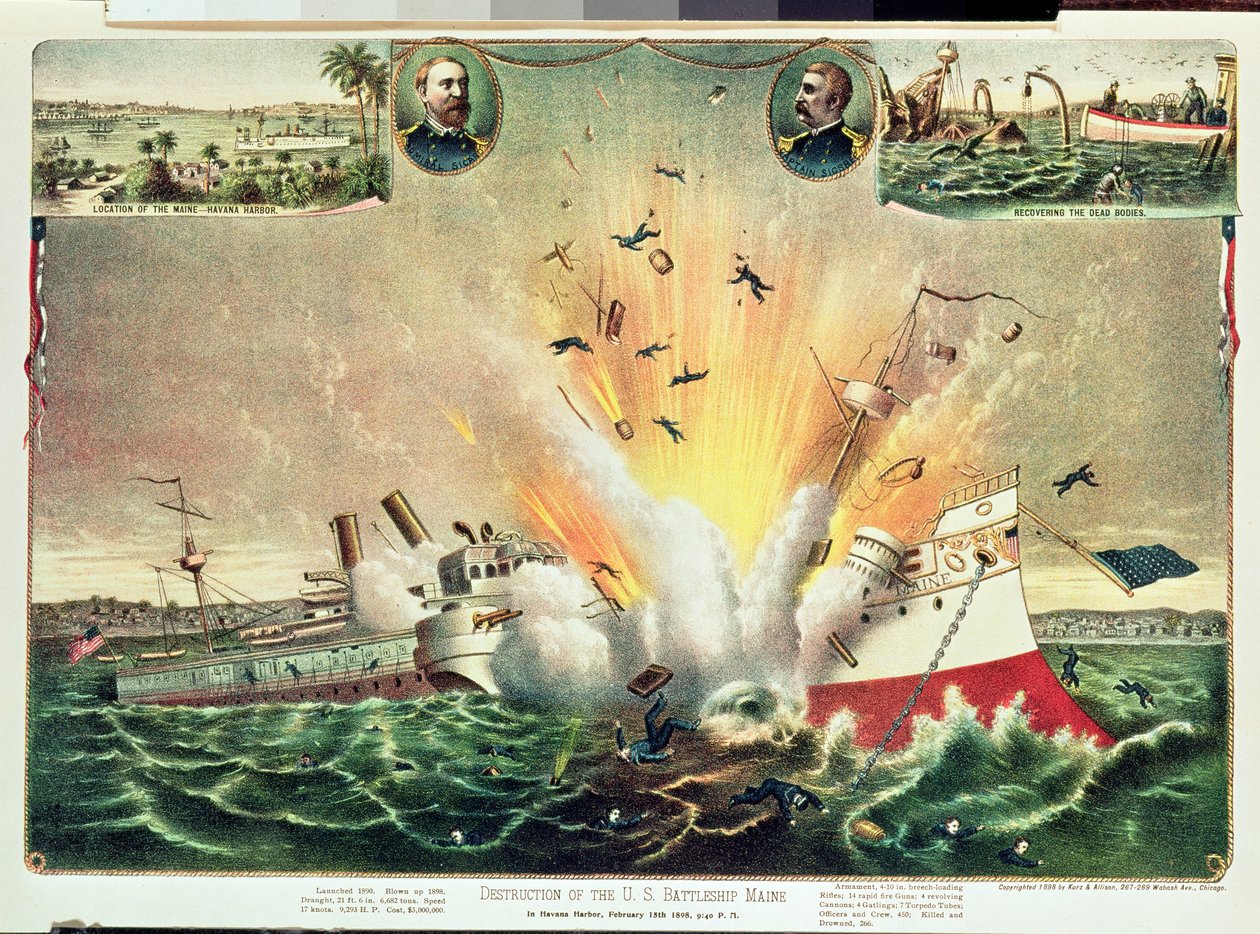 Destruction du cuirassé américain Maine dans le port de La Havane, 15 février 1898 - Kurz and Allison
