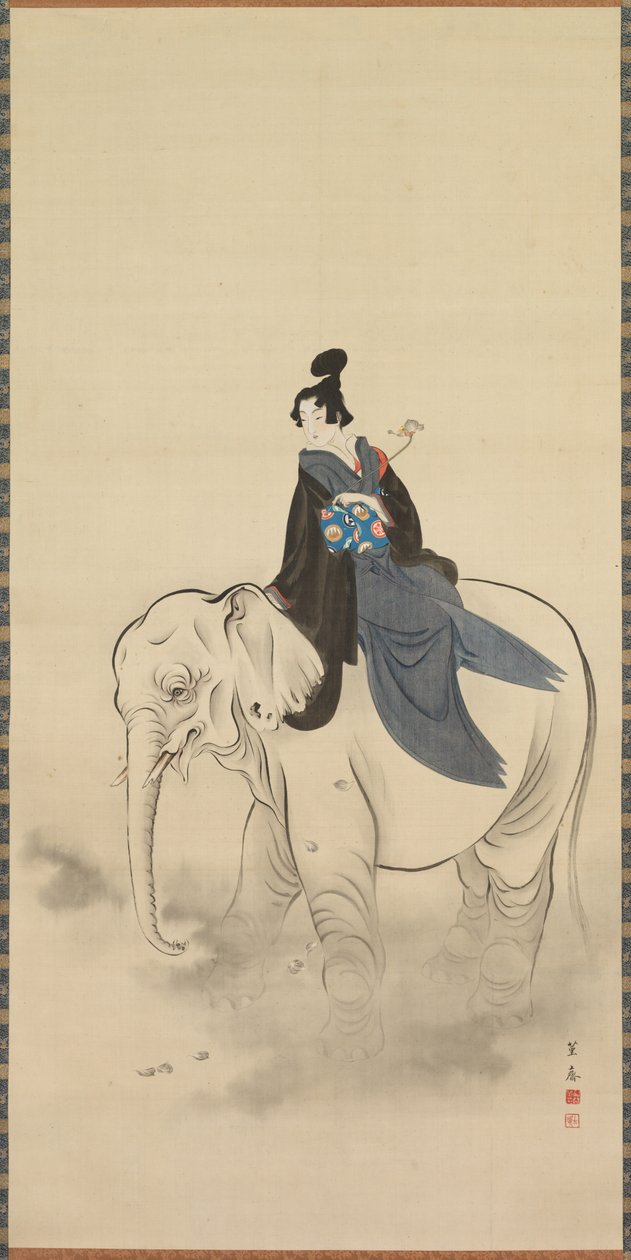 Courtisane chevauchant un éléphant Parodie du Bodhisattva Fugen - Kuwagata Keisai