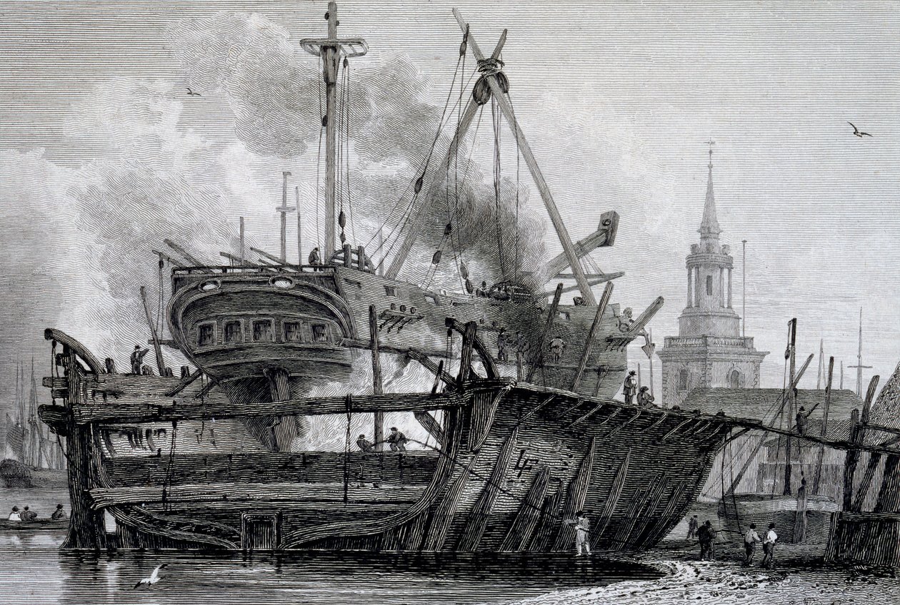 Rotherhithe, le dock flottant en 1815, gravé par J. C. Allen, de Vues sur la Tamise publiées par WB & George Cooke, 1822 - L. Francia