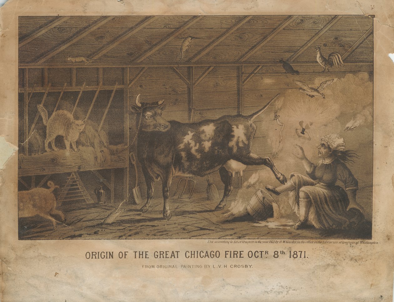 Origine du grand incendie de Chicago le 8 octobre 1871, vers 1872 - L. V. H. after Crosby