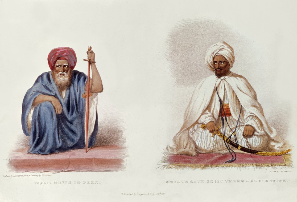 Melik Nussr Ed Deen et Sheakh Sayd, chef de la tribu Ababde, illustration de Voyages en Éthiopie par G.A. Hoskins - L. after Bandoni