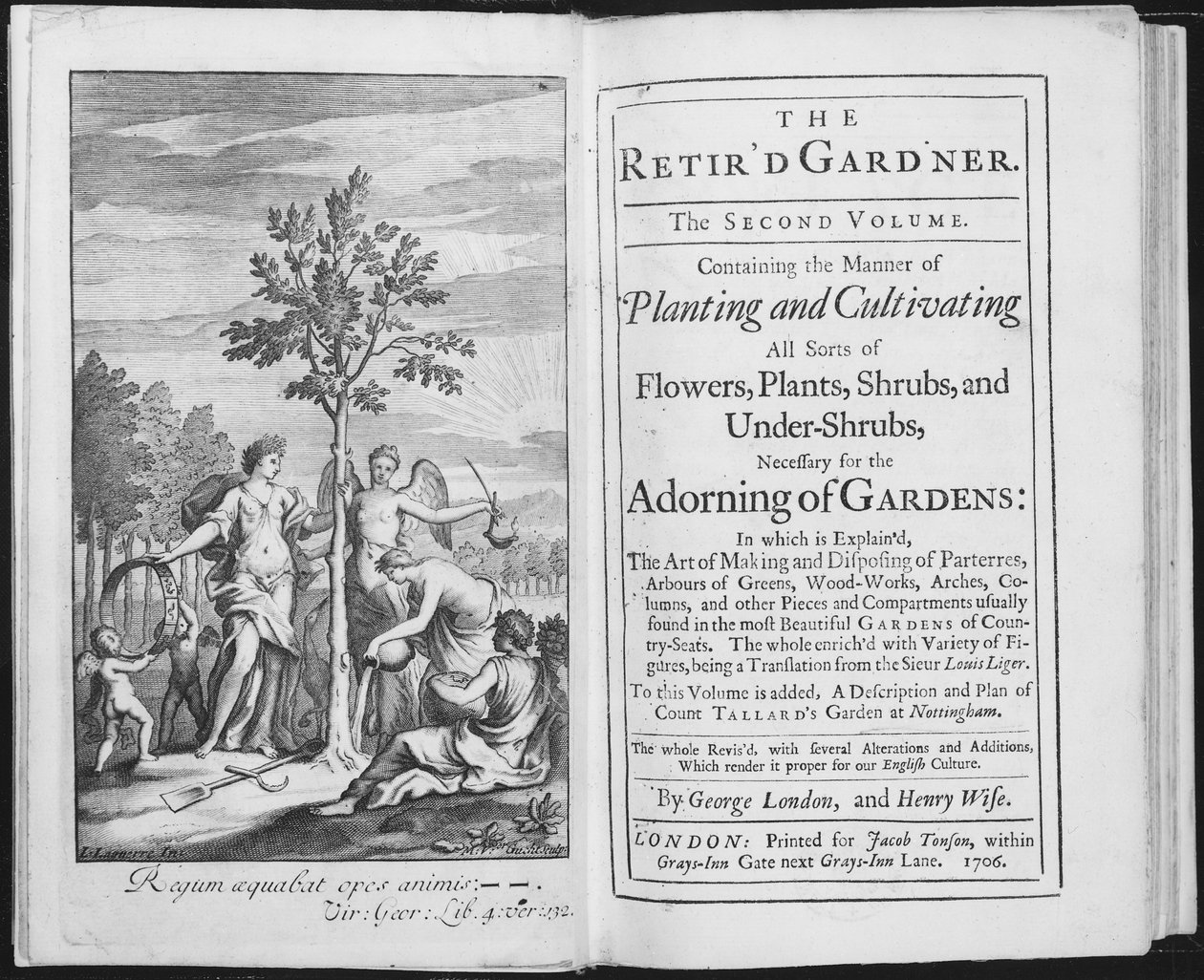 Frontispice de The Retired Gardener par George London et Henry Wise, gravé par Van der Gucht, 1706 - L. Laguerre