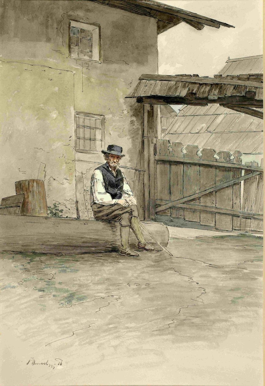 Vieil homme assis sur une bûche dans la cour - Ladislav Benesch