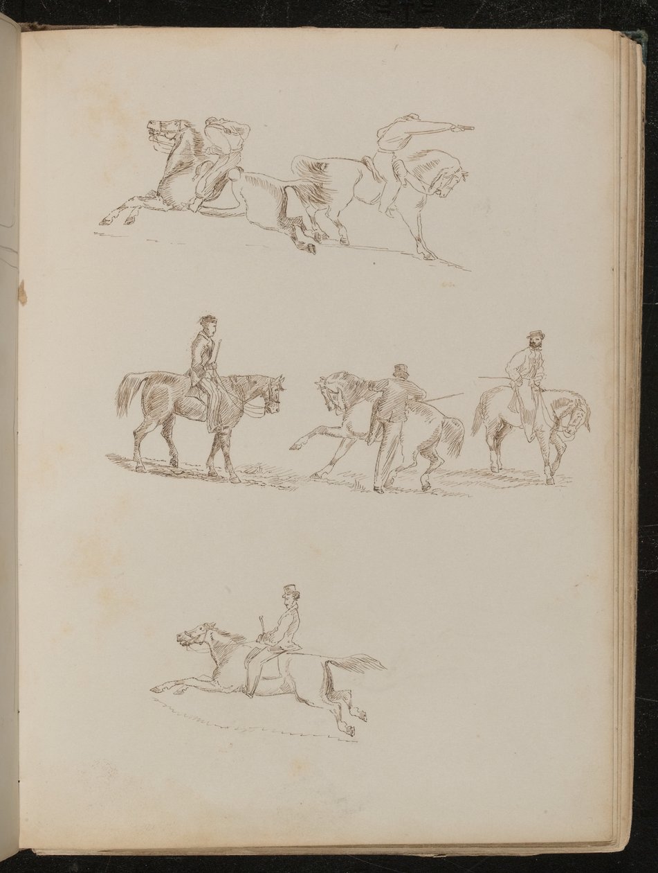 Six études de chevaux avec divers cavaliers masculins dans diverses poses, un avec un pistolet levé - Lady  Butler