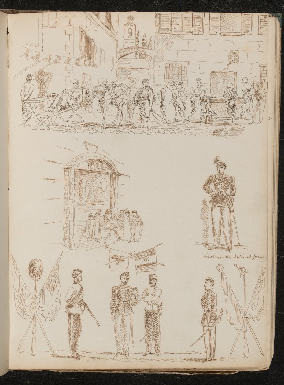 Scène de ville avec des soldats buvant, étude d