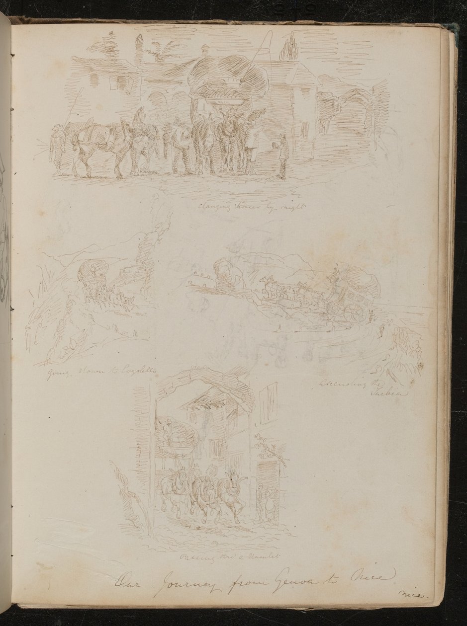 "Changer de chevaux la nuit", "descendre à Lagoletto", "monter la Turbia" et "Passer par un hameau" - Lady Butler
