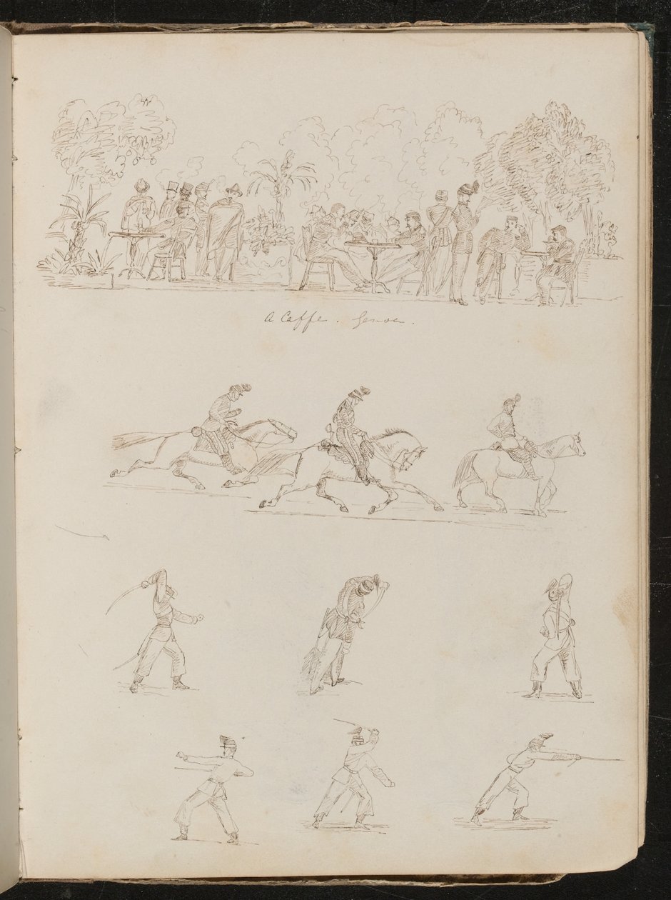 Huit études de soldats, y compris des soldats dans un café en plein air inscrit "a caffe sense?" - Lady Butler