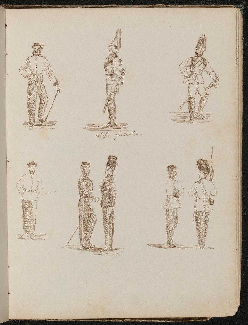 Huit études de soldats debout en uniforme, inscrites "Gardes de la Vie" - Lady Butler