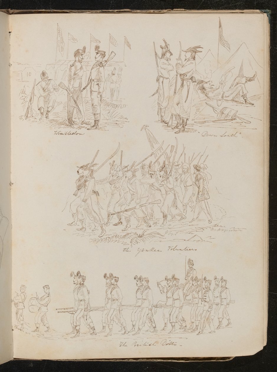 Quatre scènes de bataillon inscrites "Wimbledon", "Down South", "The Yankee Volunteers", "The British Ditto" avec une variété de types de soldats - Lady Butler