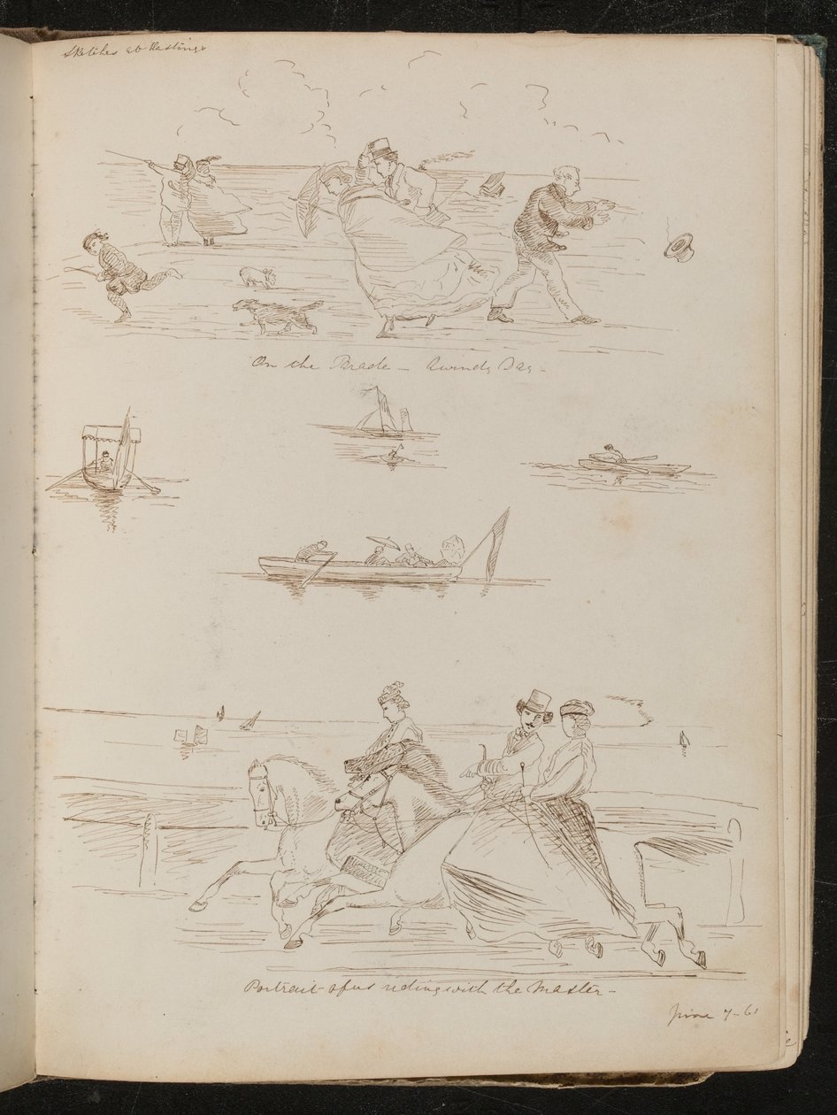 "Sur la Parade, un jour venteux", bateaux avec des excursionnistes, cavaliers inscrits "chevauchant avec le maître" - Lady Butler