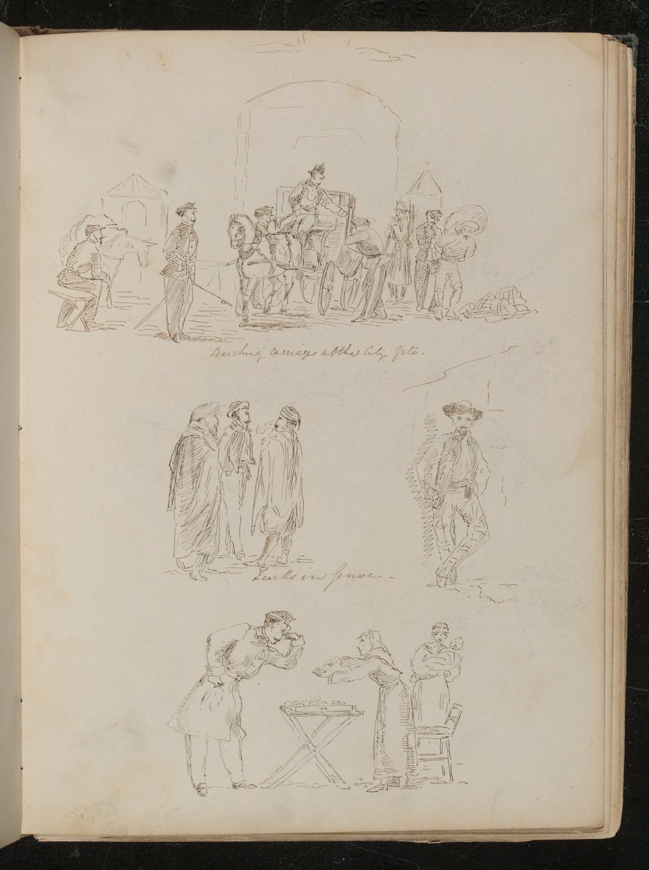 "Fouillant les carrosses à la porte de la ville" et trois études inscrites "Turcs à Gênes" avec une figure masculine fumant, une liseuse de paume avec un soldat - Lady Butler