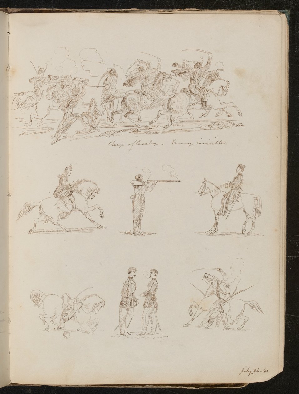 Sept études de batailles de cavalerie, soldats et une femme à cheval - Lady Butler
