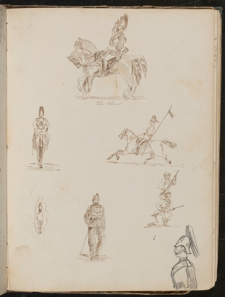 Six études de soldats, un à cheval inscrit "les Bleus", petite étude de cheval de face - Lady Butler