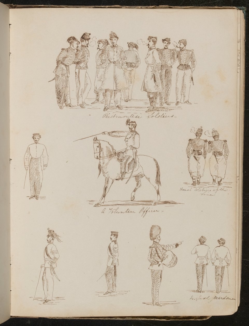 Études de huit soldats inscrites "Soldats piémontais", "un officier volontaire", deux "soldats français à la ligne" - Lady Butler