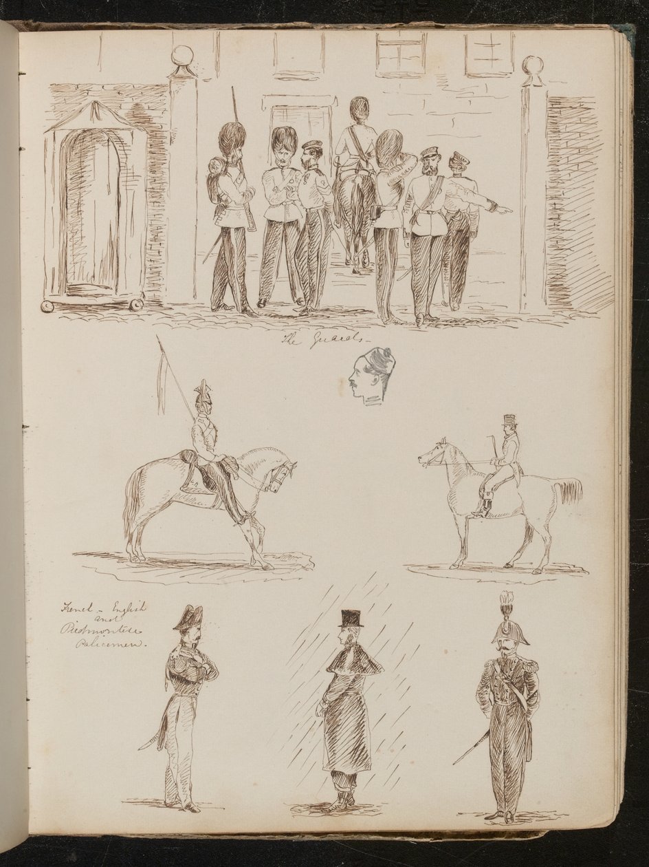 Étude de "la Garde", deux études de soldats à cheval, trois études de policiers français, anglais et piémontais - Lady Butler