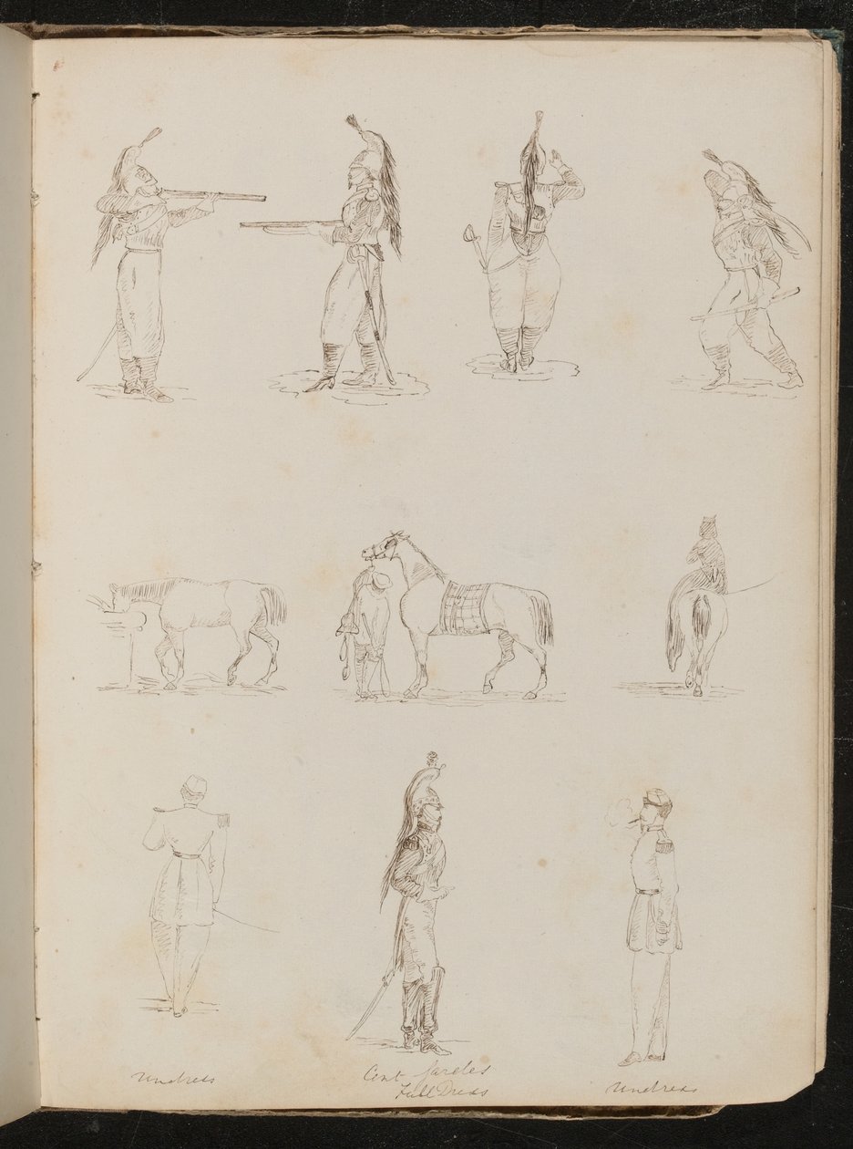 Dix études de soldats, chevaux, femme montant en amazone - Lady Butler