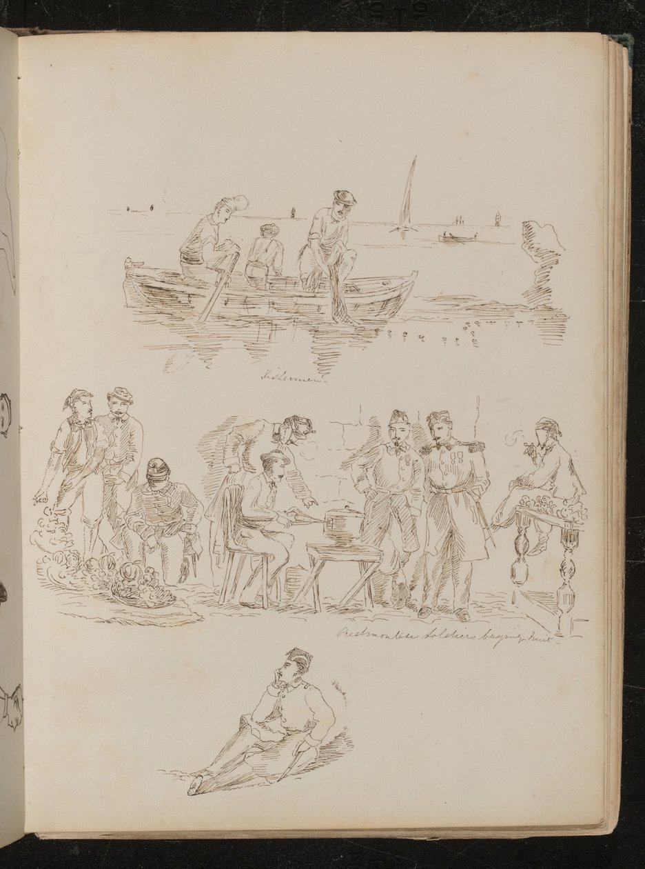 Trois figures dans une barque, scène de marché avec huit figures inscrites "Soldats piémontais achetant des fruits" - Lady Butler