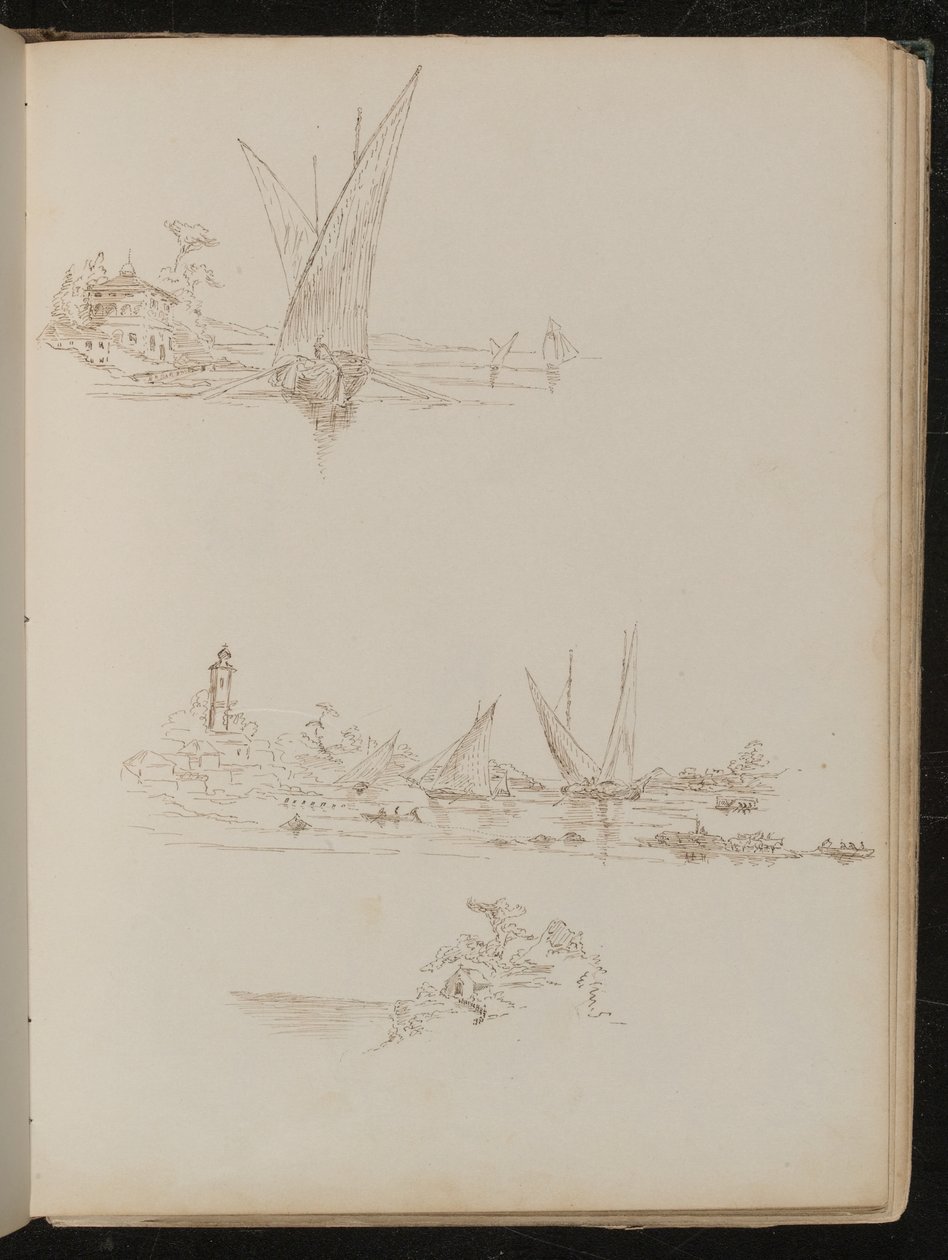 Trois études de navires, bateaux et paysage côtier - Lady Butler