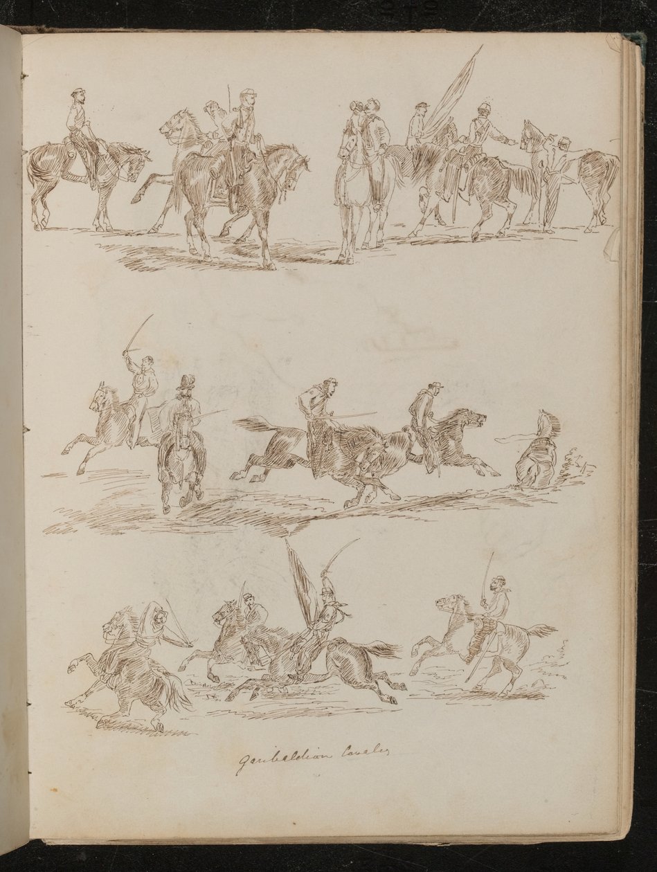 Trois études de soldats à cheval inscrites "Cavalerie garibaldienne" - Lady Butler