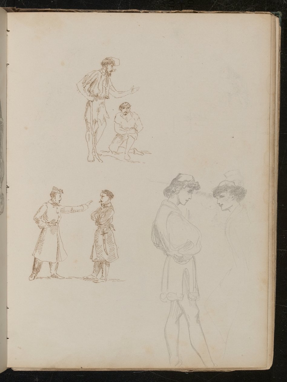 Deux études à la plume de paires de soldats en conversation, une étude au crayon de deux jeunes hommes en conversation - Lady Butler