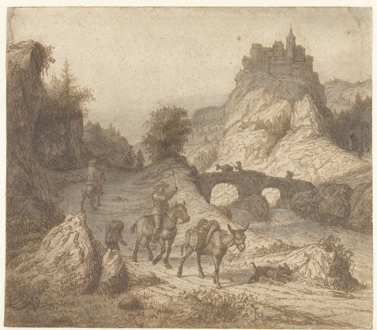 Paysage montagneux avec château et personnages - Lambert Doomer