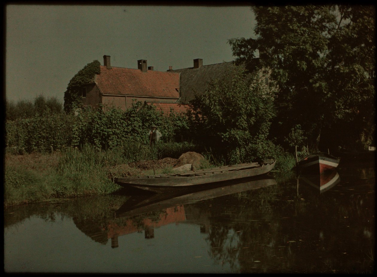 Blikkenburgervaart, Zeist, avec bateaux et ferme (et peut-être Willem Emelaar Sr) - Lambertus Hendrik van Berk