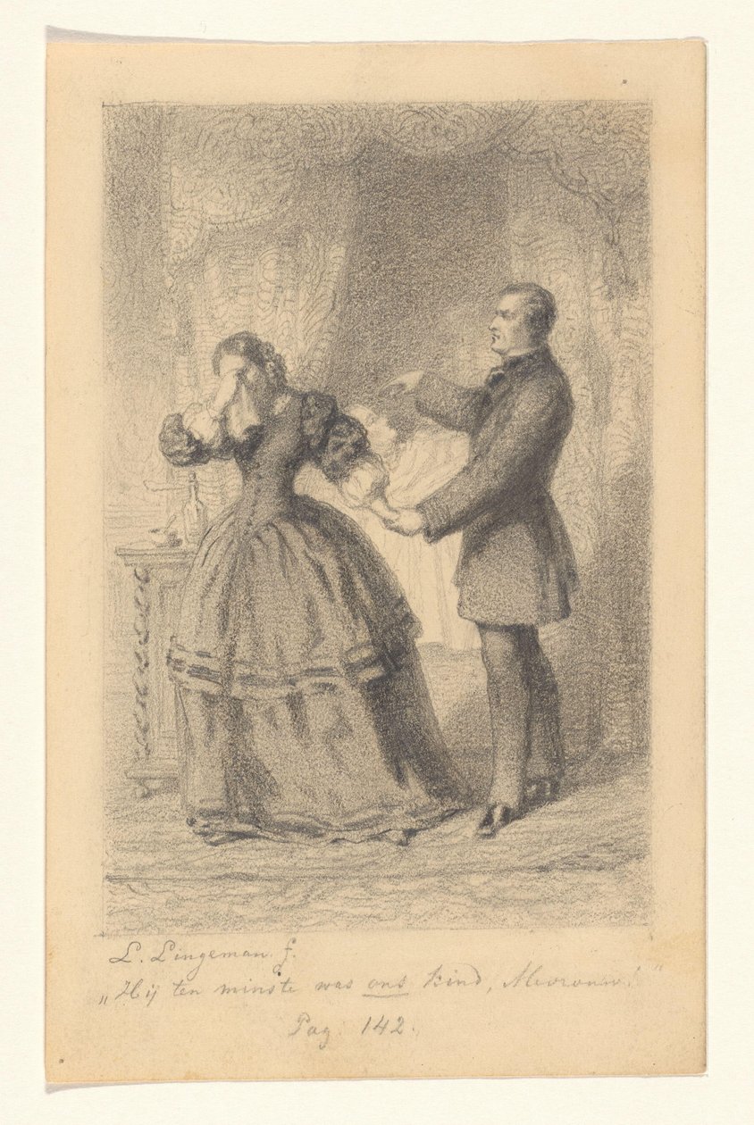 Couple au chevet de leur enfant mourant - Lambertus Lingeman (signed by artist)