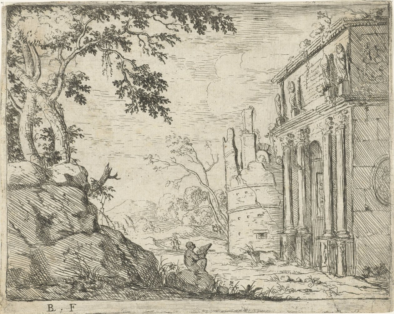 Dessinateur près des ruines d