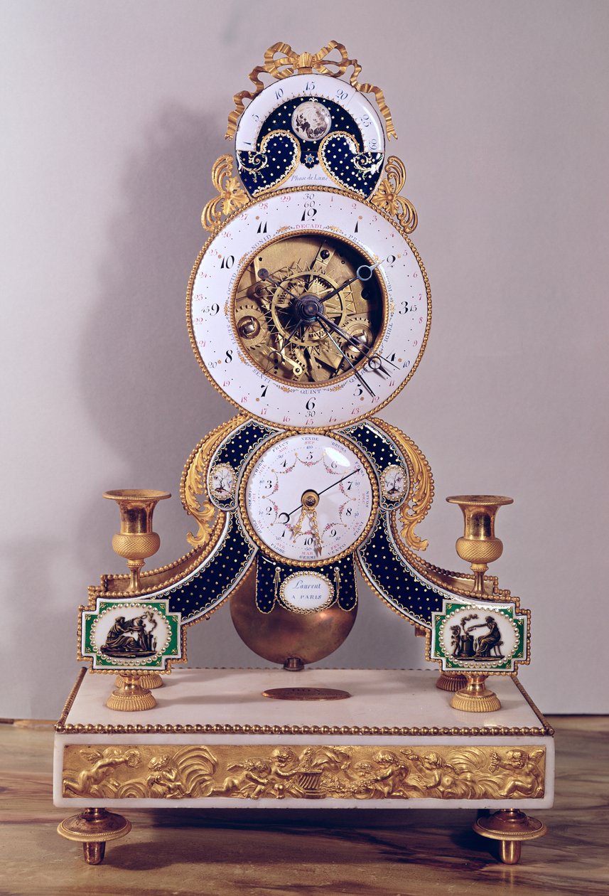 Horloge décimale et duodécimale avec cadrans des calendriers révolutionnaire et grégorien et les phases de la lune, fabriquée à Paris - Laurent