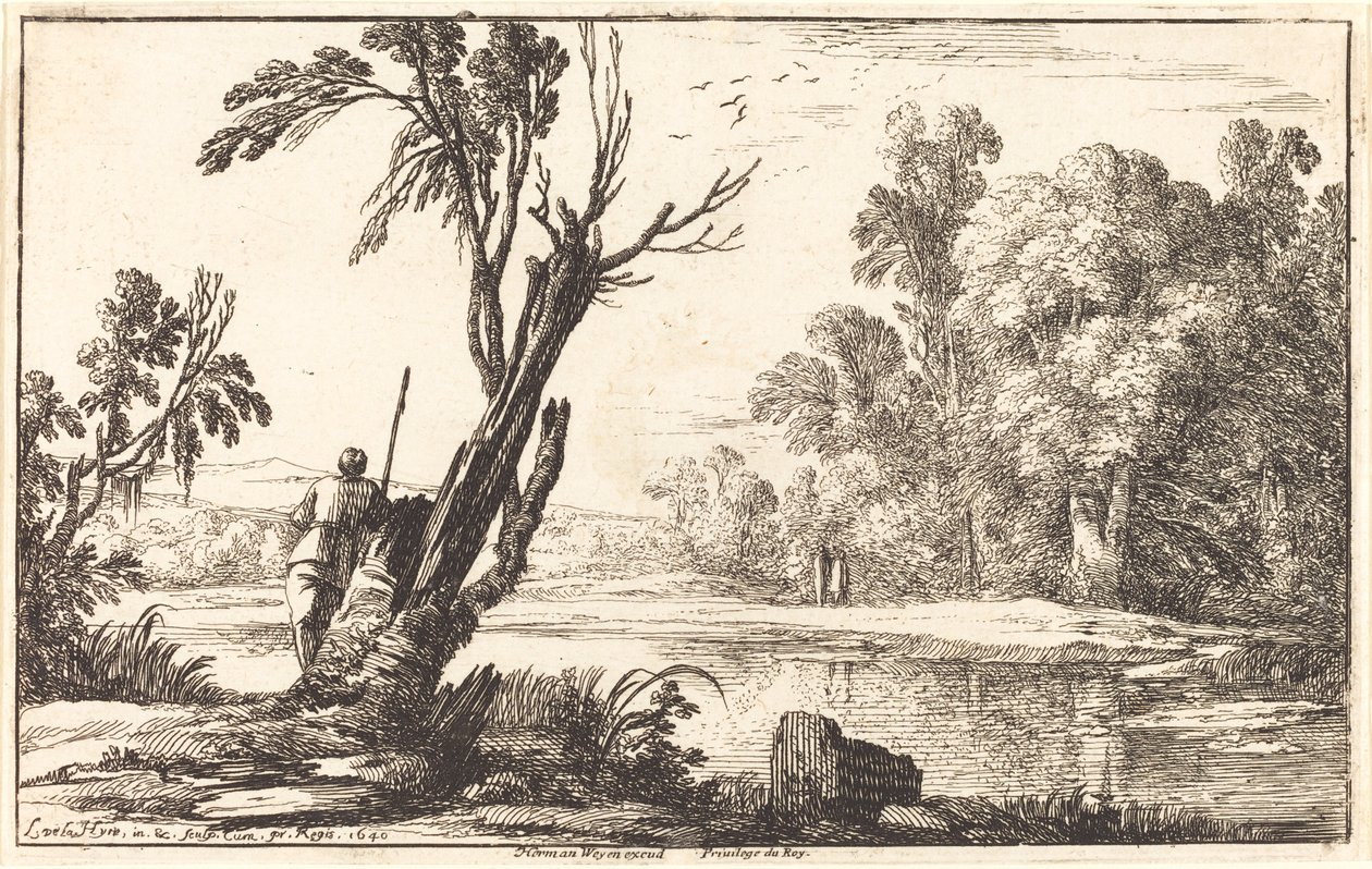 Un homme regardant un étang calme - Laurent de la Hyre