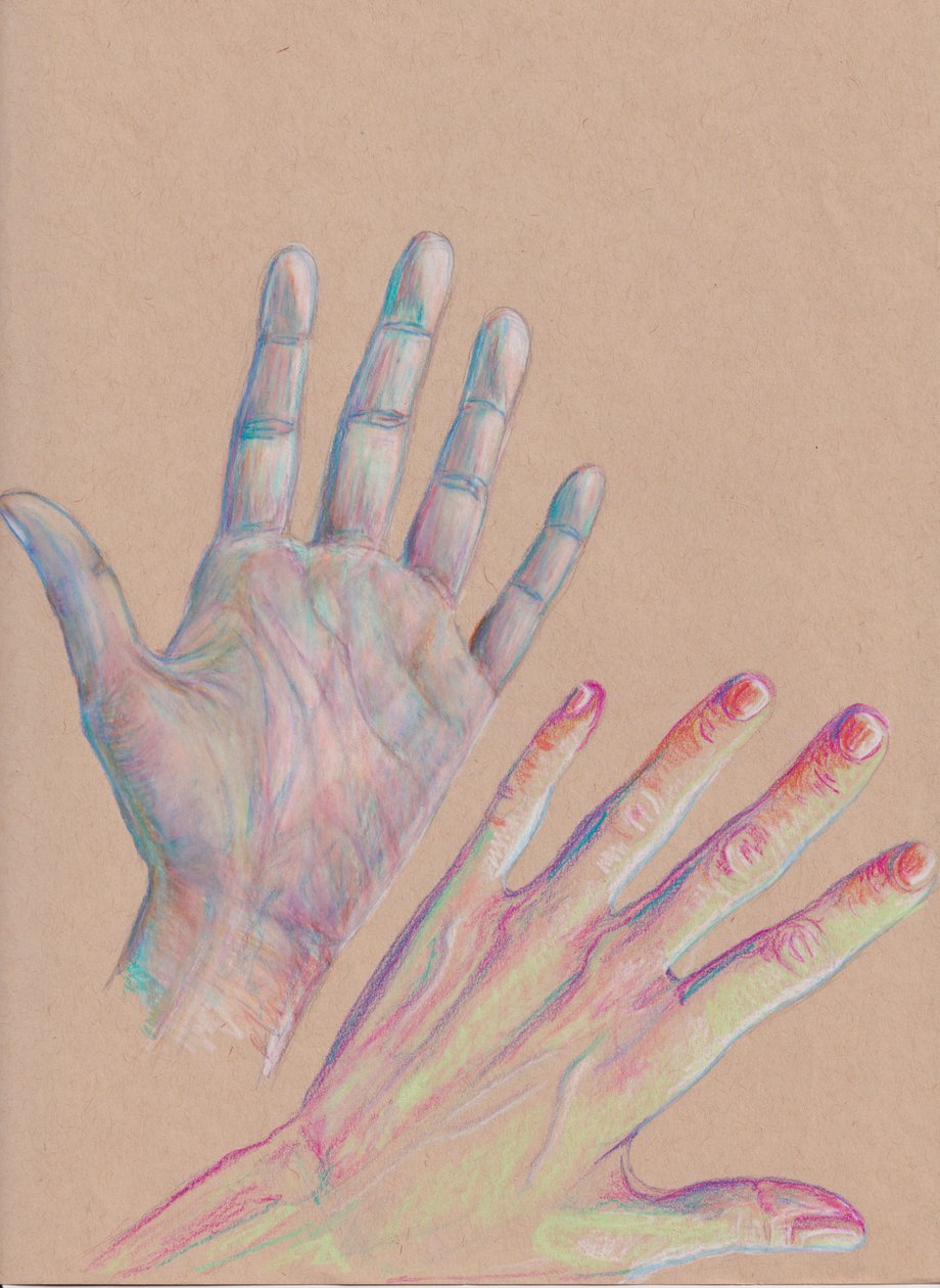 Hands #1, 2025 (crayon de couleur sur papier teinté) - Laurie Michaels