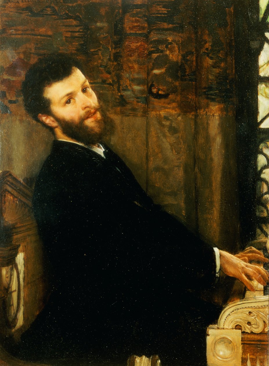 Portrait du chanteur George Henschel jouant du piano d