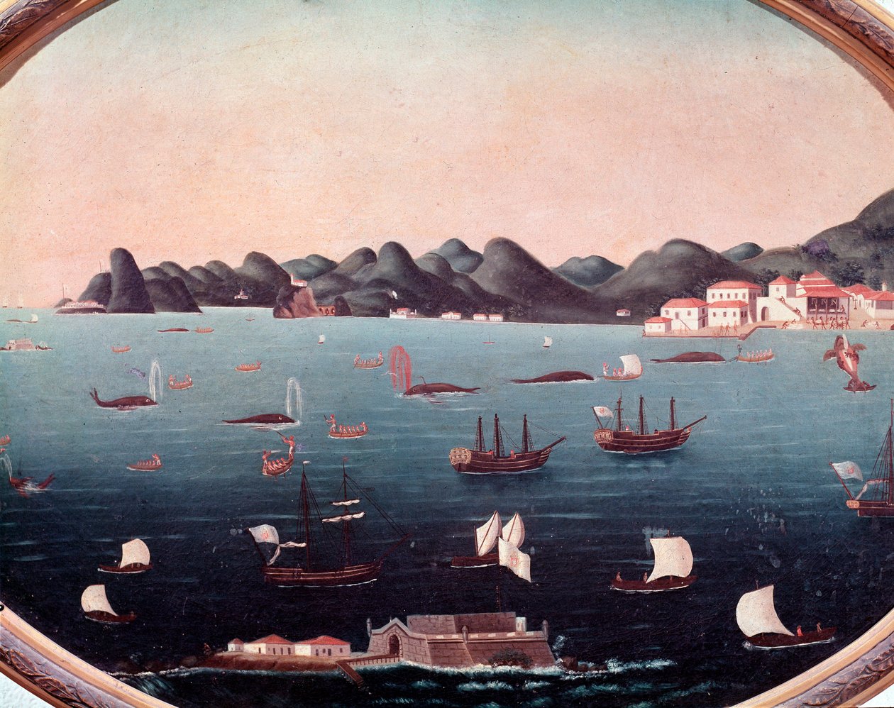 Chasse à la baleine dans la baie de Guanabara au Brésil Aquarelle par Leandro Joaquim 18ème siècle Rio de Janeiro, Musée national d