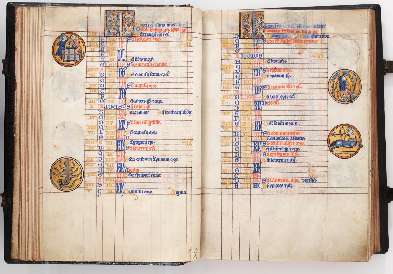 Psautier de Lewis, ouverture montrant les pages du calendrier pour octobre et novembre, vers 1225-50 - Leber Group