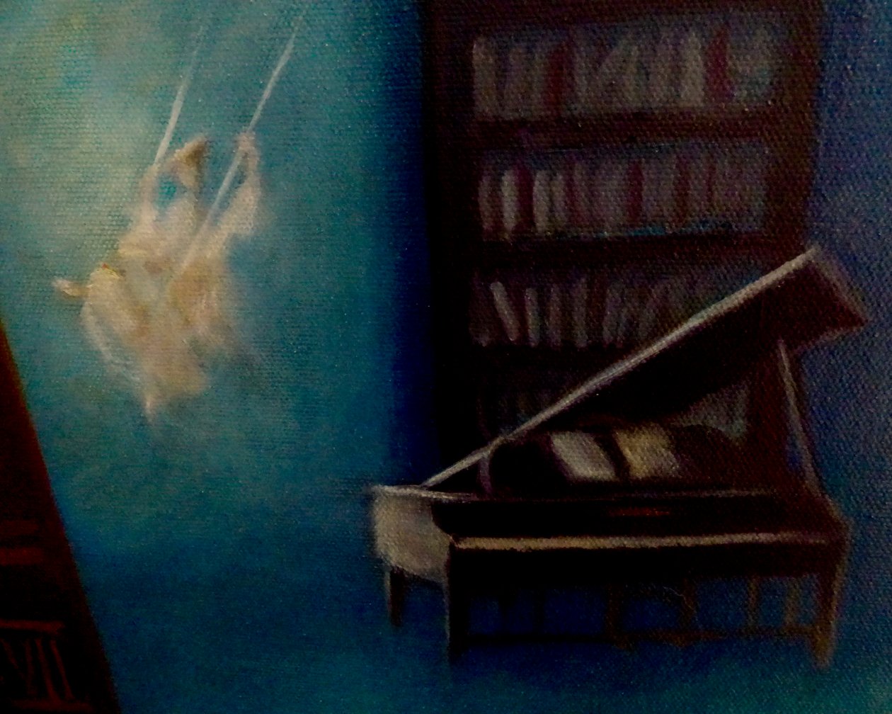 Détail de la Bibliothèque enchantée, 2024 (huile sur toile) - Lee Campbell