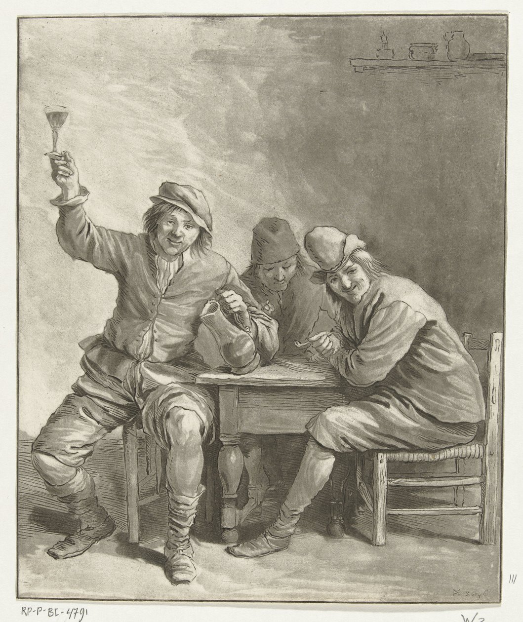 Trois hommes à table fumant et buvant - Leendert Brasser (signed by artist)