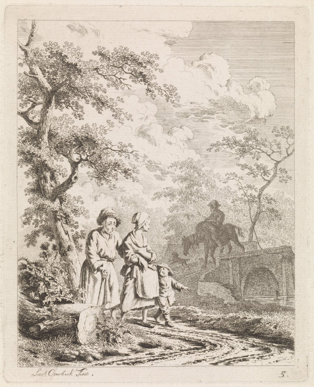 Vieil homme, femme et enfant sur un chemin forestier - Leendert Overbeek