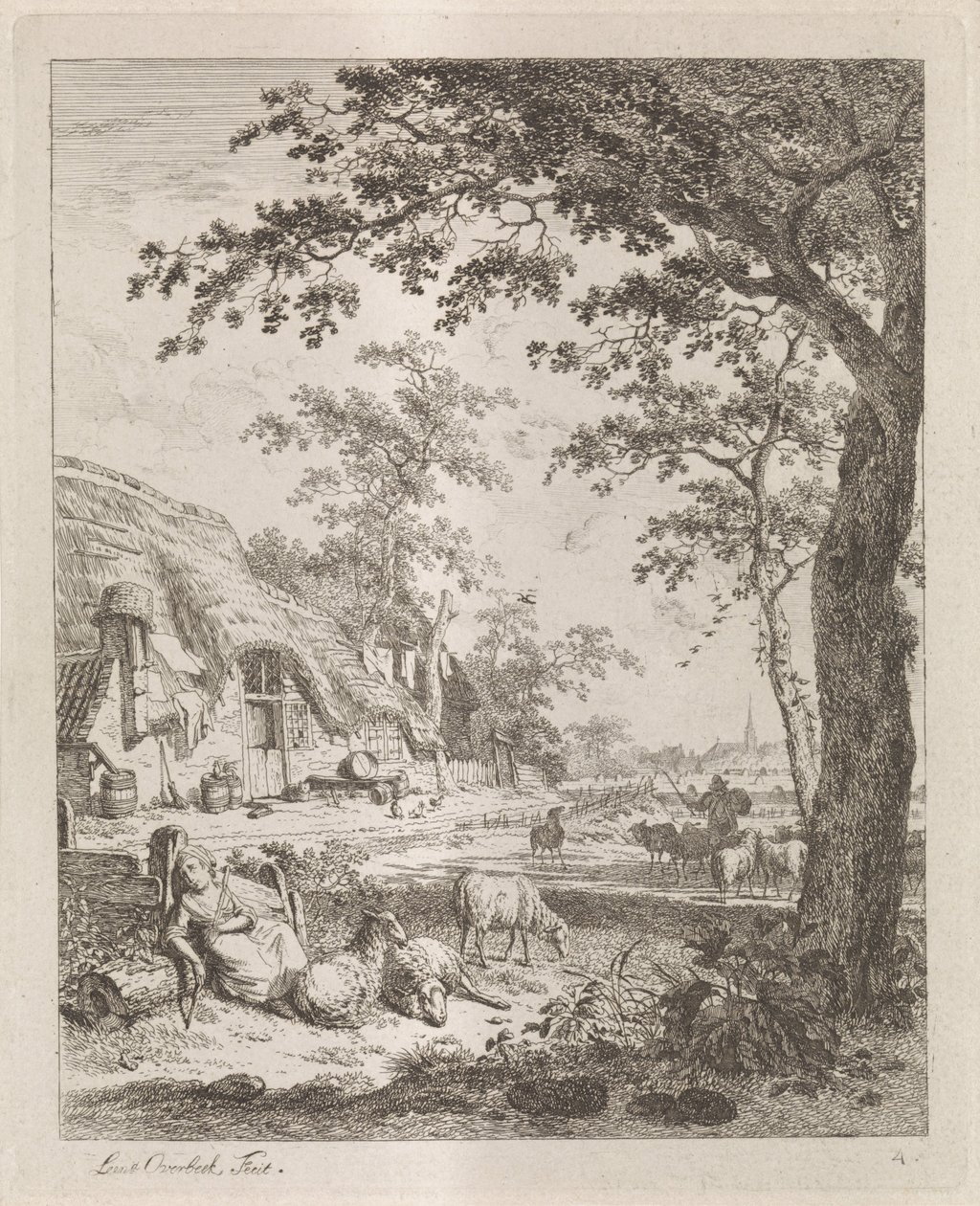 Bergère avec des moutons devant une ferme - Leendert Overbeek
