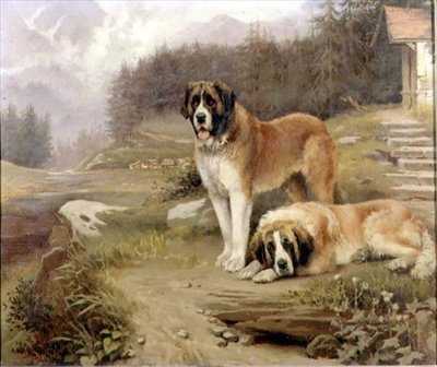 Deux Saint-Bernard dans un paysage alpin - Leghe Suthers