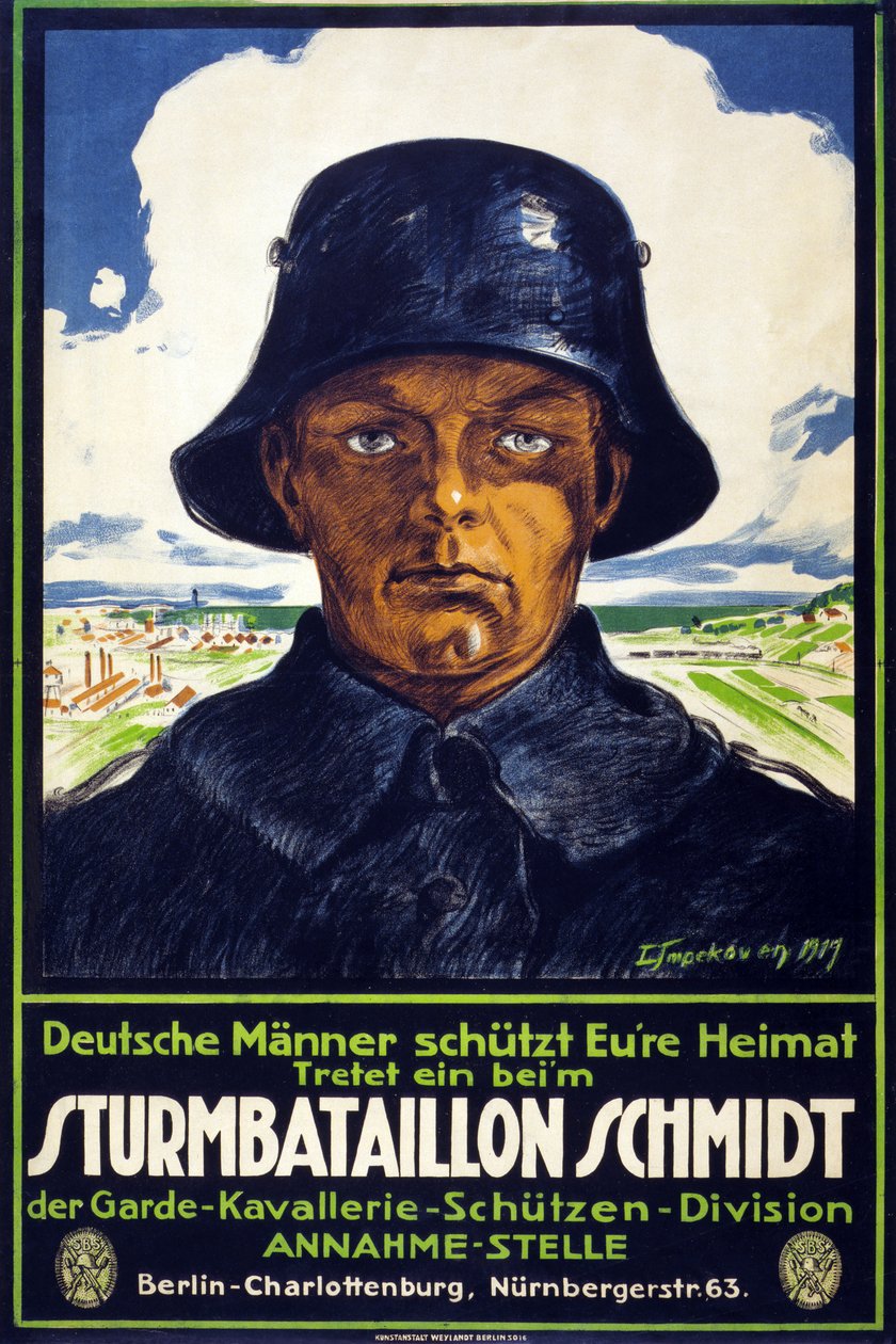 Affiche de recrutement allemande Sturmbataillon Schmidt; Deutsche Männer schützt Eure Heimat! Tretet ein beim ?, pub. 1919 - Leo Impekoven