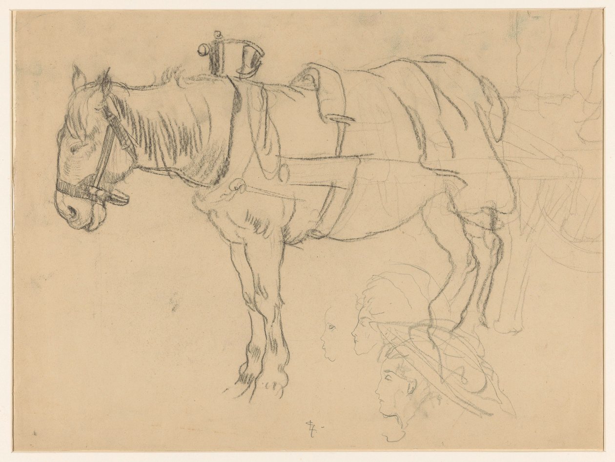 Cheval attelé et études de tête - Leo Gestel (signed by artist)