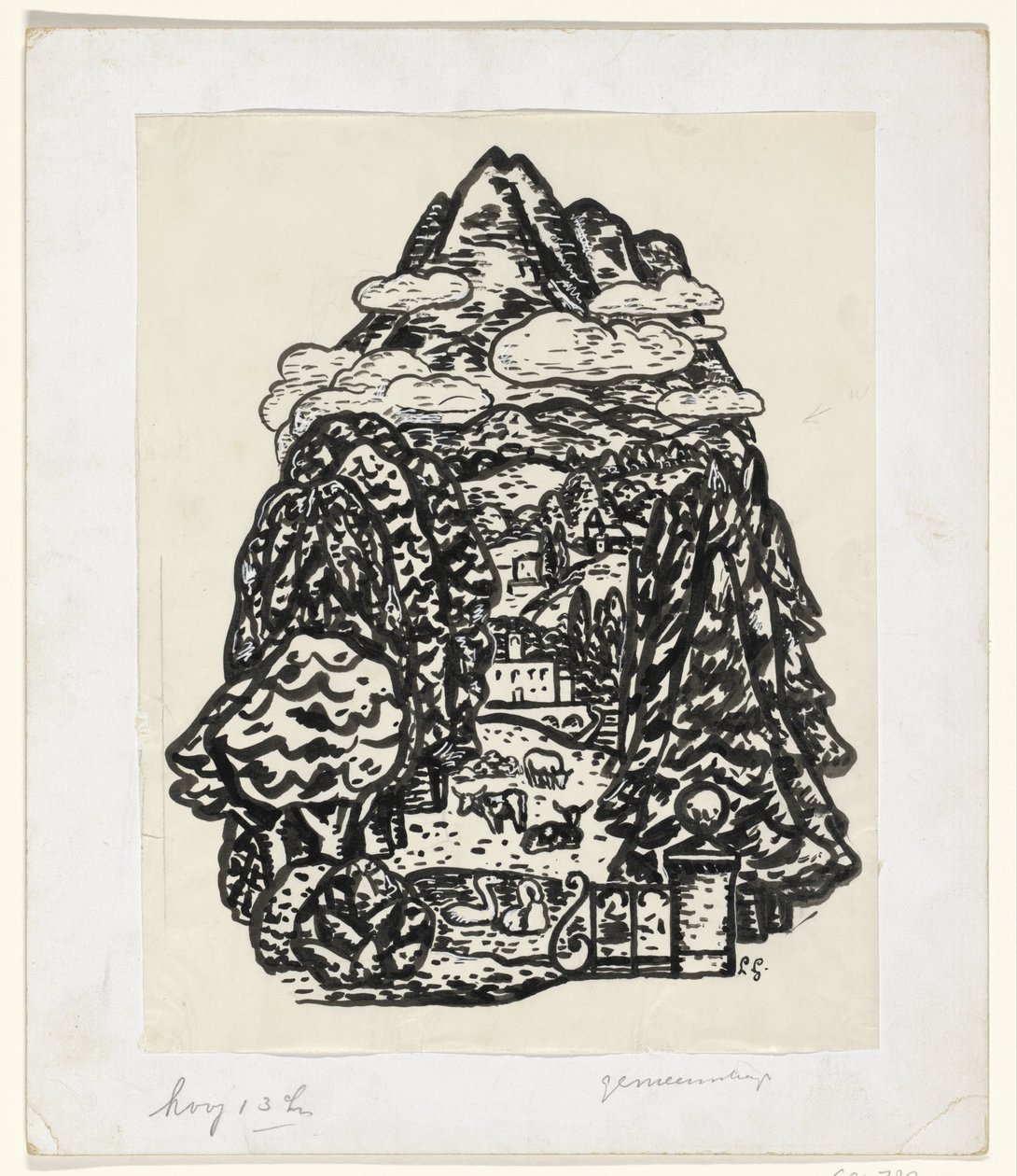 Paysage de montagne avec arbres et bétail - Leo Gestel (signed by artist)